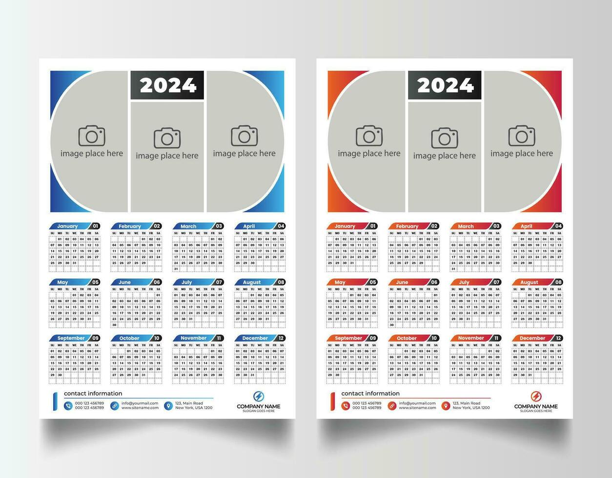 Nouveau année 2024 un page mur calendrier modèle vecteur