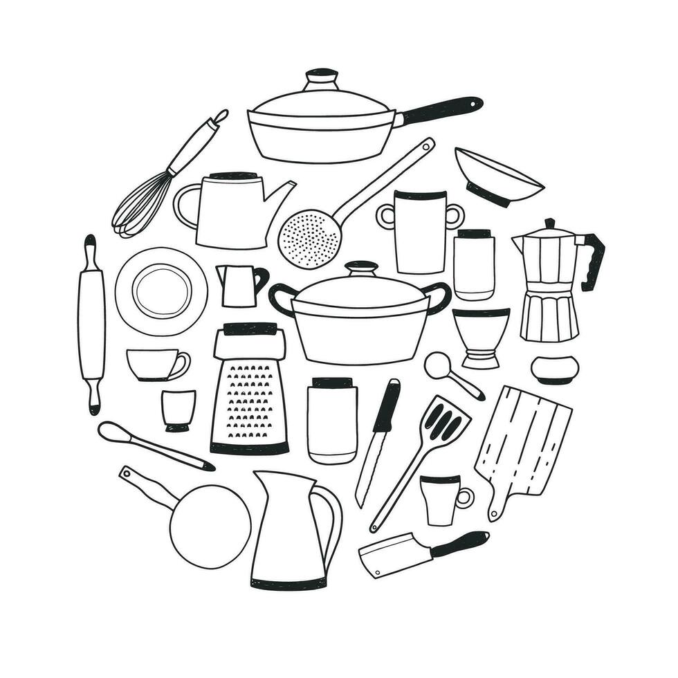 ustensiles de cuisine contour ensemble sur blanc Contexte. rond composition avec stylisé main tiré griffonnage vaisselle vecteur illustration.