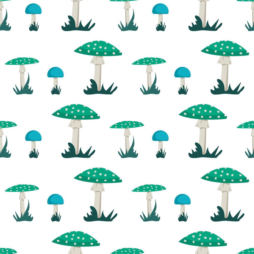 modèle sans couture avec des champignons amanita avec un chapeau bleu et vert vif et des points blancs et de l'herbe. impression d'agaric de mouche au néon vecteur