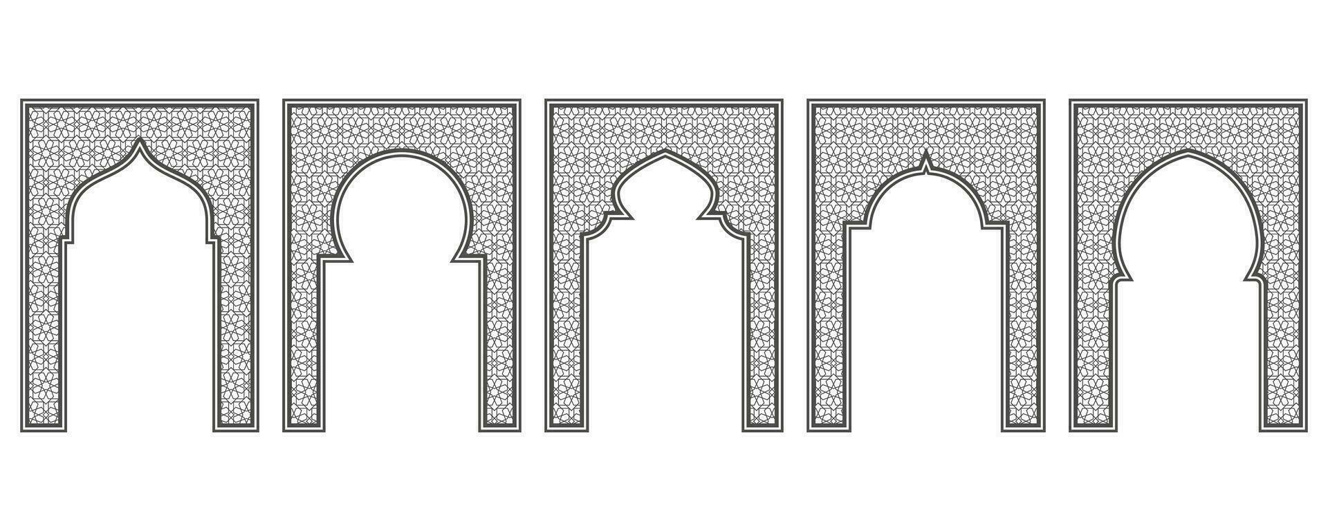 islamique Cadre avec cambre et ornement. Ramadan porte sur géométrique Contexte pour mariage invitation conception. vecteur Oriental décorations ensemble.