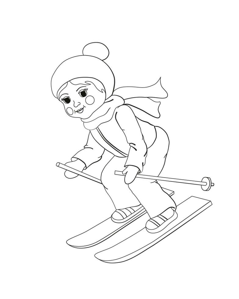 dessin animé vecteur. illustration de mignonne marrant peu des sports fille sur ski sur hiver temps. isolé. coloration livre page. vecteur
