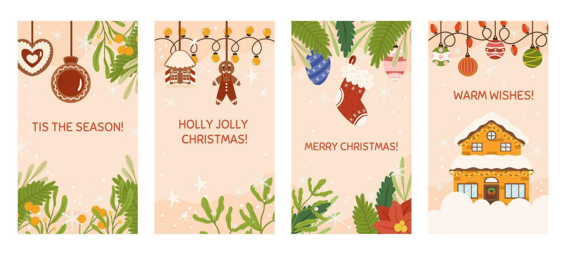 social médias Noël histoires modèle avec copie espace. verticale bannière décoré avec épicéa les plantes branches, arbre jouets, lumière guirlande, pain d'épice biscuit et maison vecteur