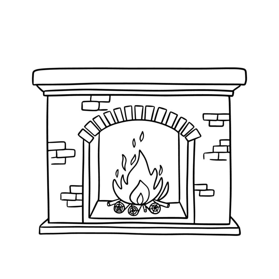 cheminée avec brûlant Feu. confortable symbole de chaleur et famille traditions. main tiré ligne griffonnage illustration isolé sur blanc vecteur
