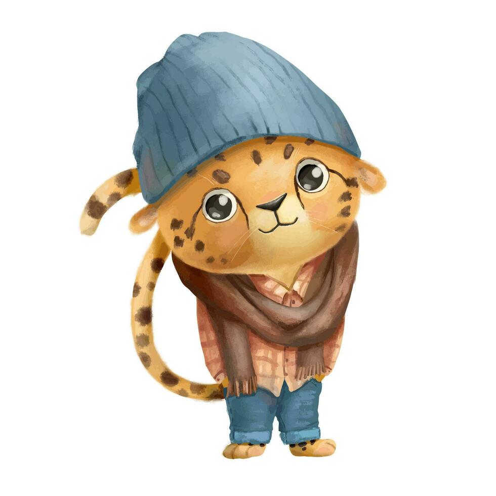 mignonne bébé guépard . cool adolescent dessin animé personnage pour enfants. léopard dans jeans, chapeau et foulard. main tiré illustration isolé sur blanc vecteur