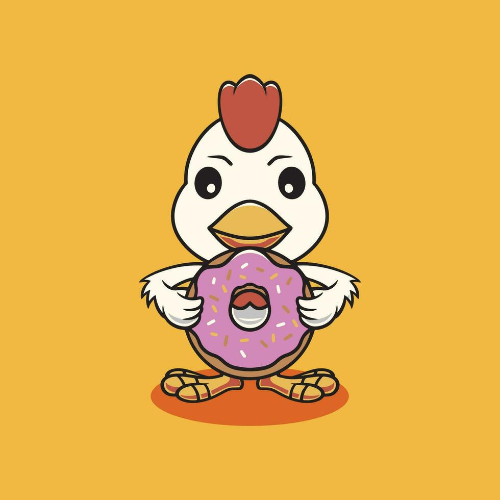 mignonne poulet en mangeant gros Donut dessin animé illustration vecteur