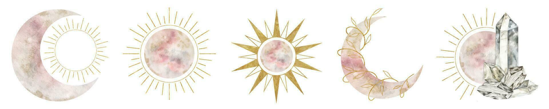 ensemble de croissant lune, soleil, floral éléments. lune, Soleil et. isolé aquarelle illustration sur le sujet de astrologie et l'ésotérisme. la magie céleste clipart pour conception, imprimer, en tissu ou Contexte vecteur