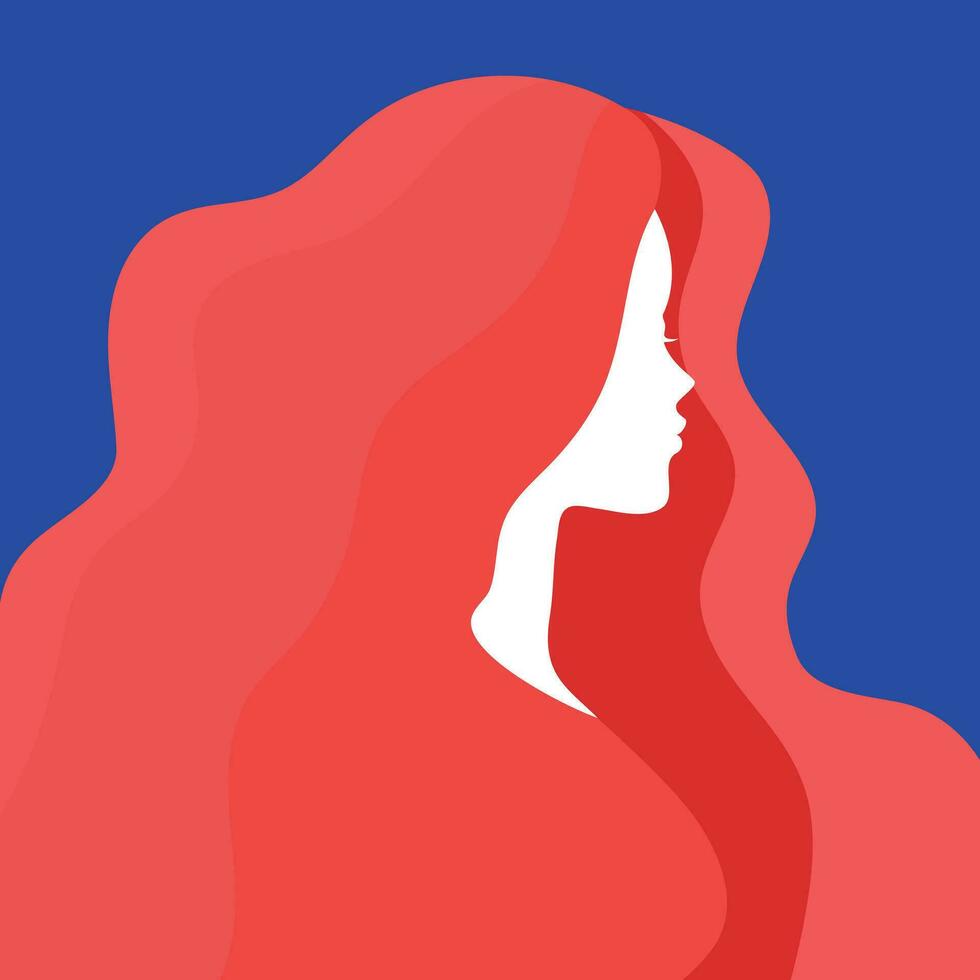 silhouette de une femme avec une longue cheveux sur bleu Contexte. sans visage femme portrait. vecteur illustration