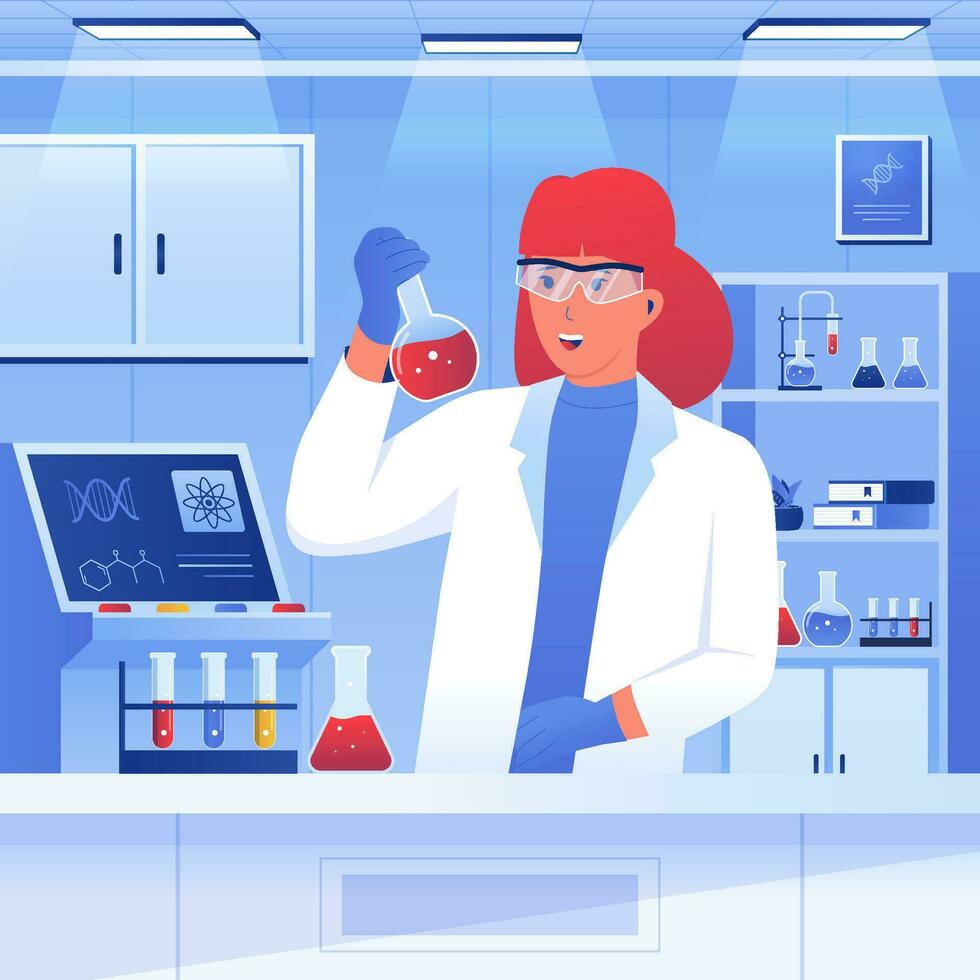 recherche laboratoire, femme scientifique travail à laboratoire vecteur