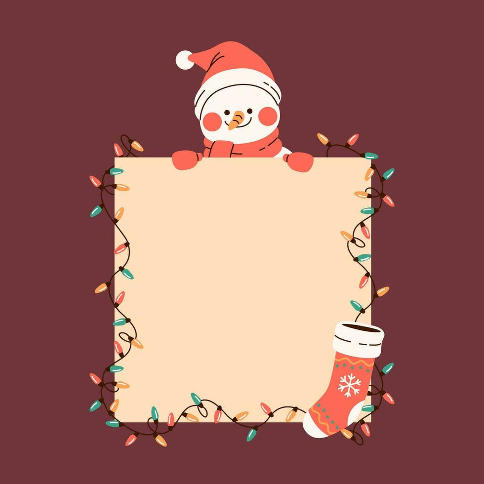 Noël bonhomme de neige cache derrière le Vide avec Noël chaussette et chaîne Noël lumières. vecteur illustration.