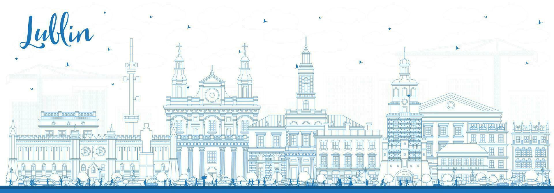 contour lublin Pologne ville horizon avec bleu bâtiments sur blanche. lublin paysage urbain avec Repères. affaires Voyage et tourisme concept avec moderne et historique architecture. vecteur