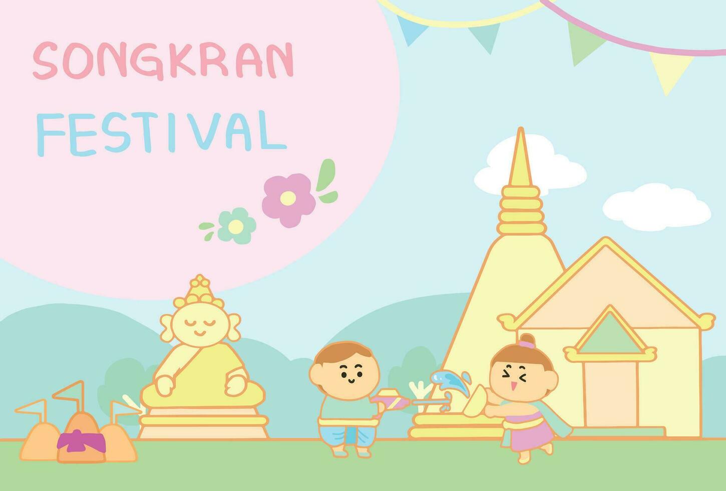 gens prendre plaisir jouer Songkran à le temple dessin animé style. vecteur