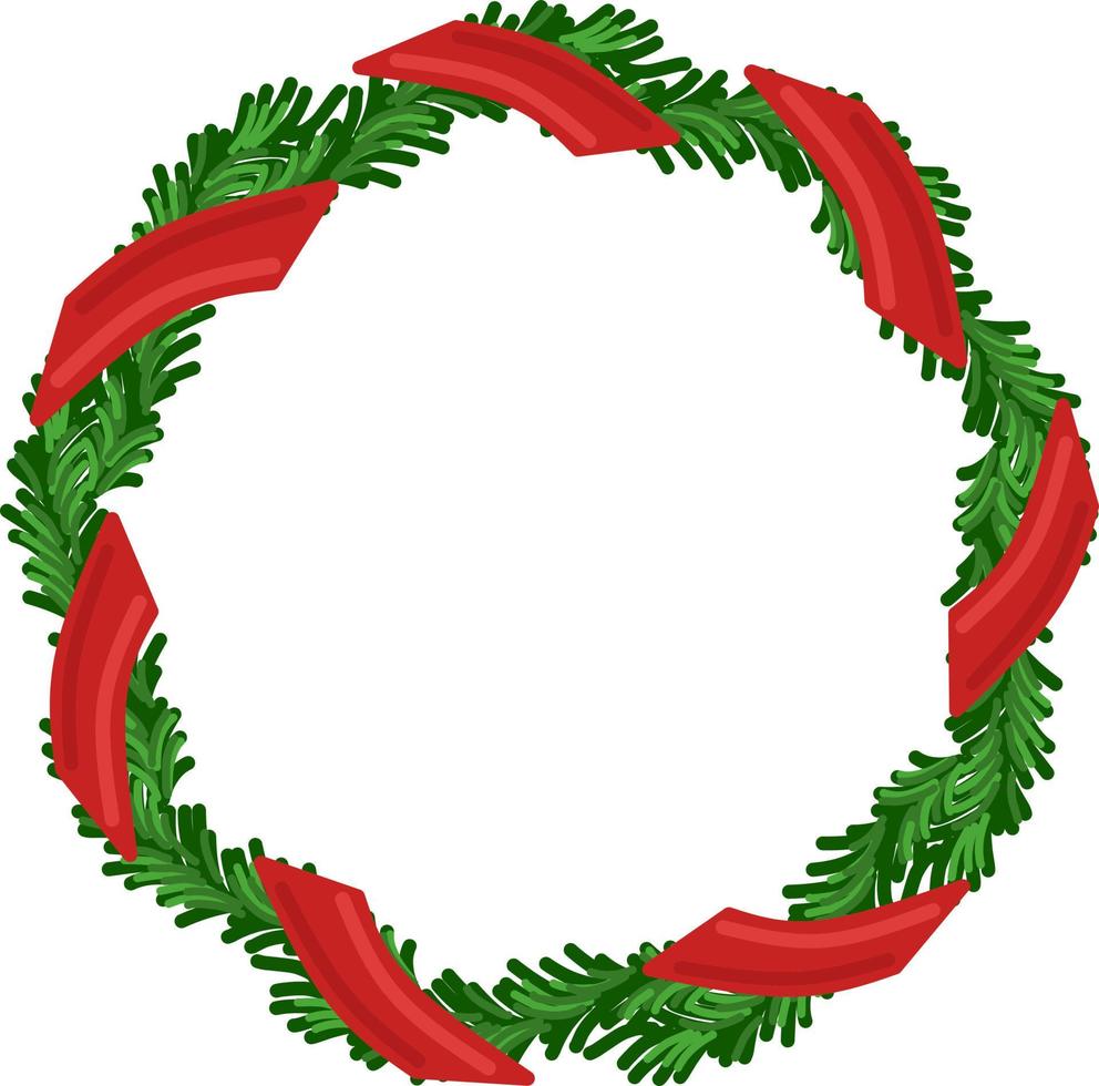 cadre de couronne ronde de vecteur de vacances de noël avec ruban à feuilles persistantes et rouge. affiche de vacances et élément de carte de voeux
