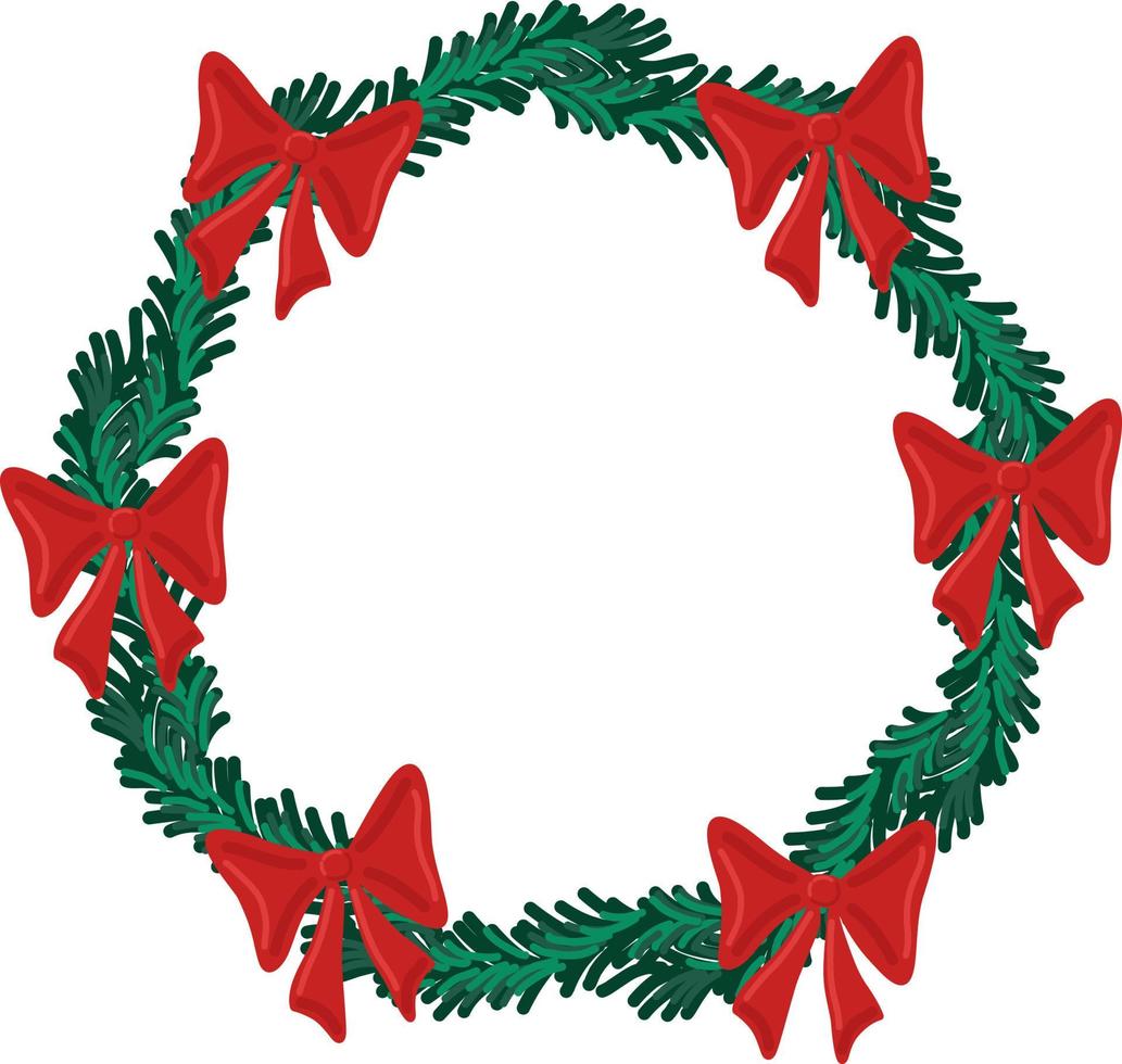 cadre de couronne ronde de vecteur de vacances de noël avec un arc à feuilles persistantes et rouge. affiche de vacances et élément de carte de voeux