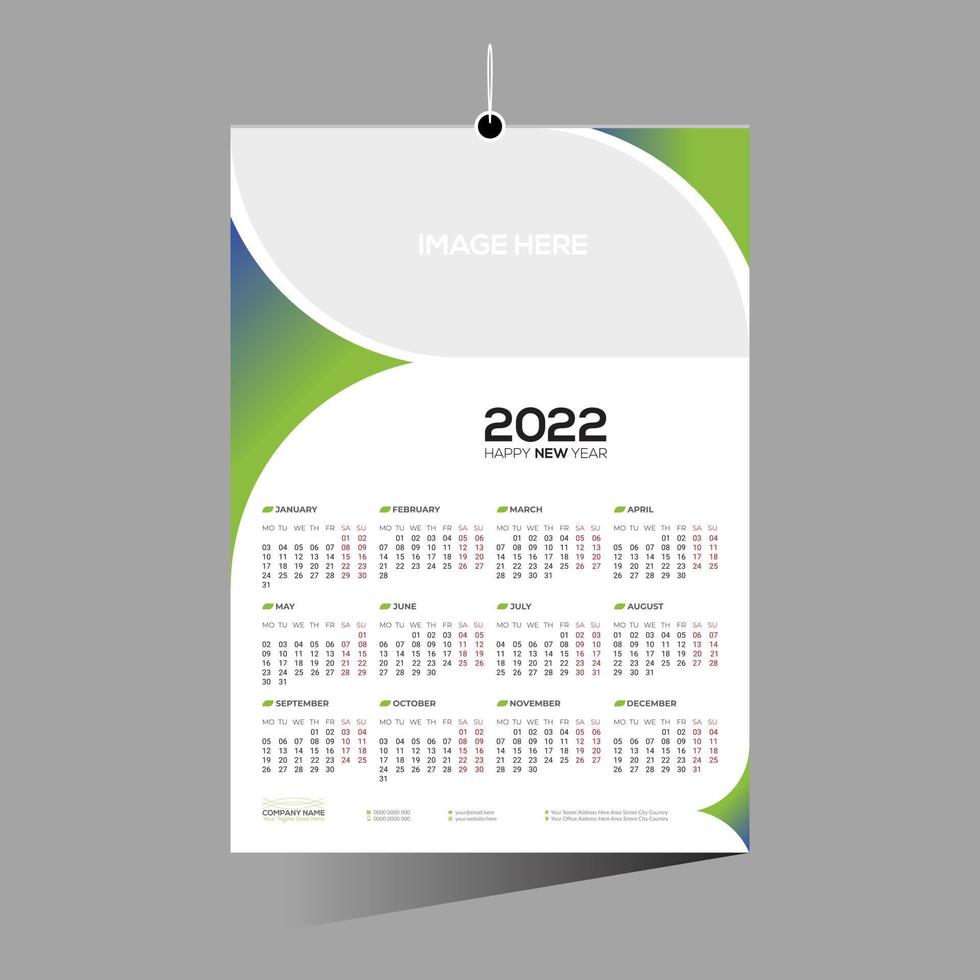 calendrier mural de 12 mois 2022 de couleur verte vecteur