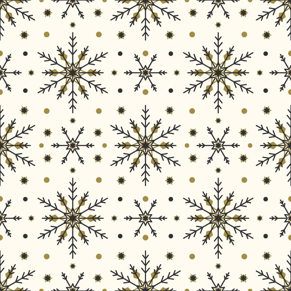 modèle sans couture avec des flocons de neige noirs et or sur fond. décoration traditionnelle d'hiver festive pour le nouvel an, noël, vacances et design. ornement de flocon de neige à répétition de ligne simple vecteur