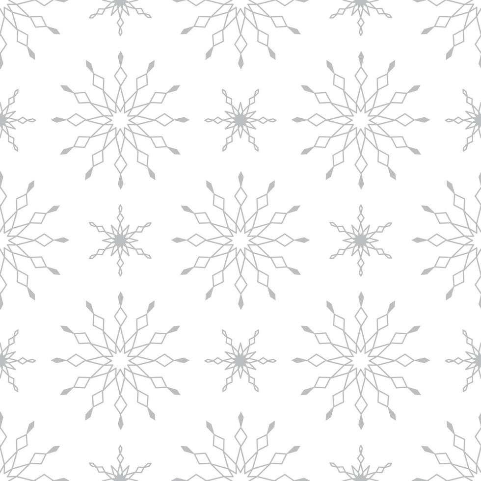 modèle sans couture avec des flocons de neige argentés sur fond blanc. décoration traditionnelle d'hiver festive pour le nouvel an, noël, vacances et design. ornement de flocon de neige à répétition de ligne simple vecteur