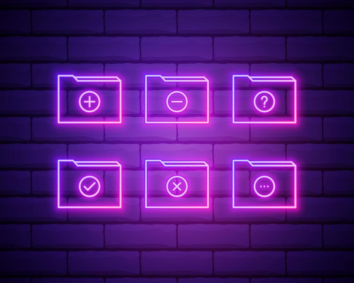dossiers de jeu d'icônes au néon. ensemble d'icône de vecteur néon de couleur rose isolé sur mur de briques