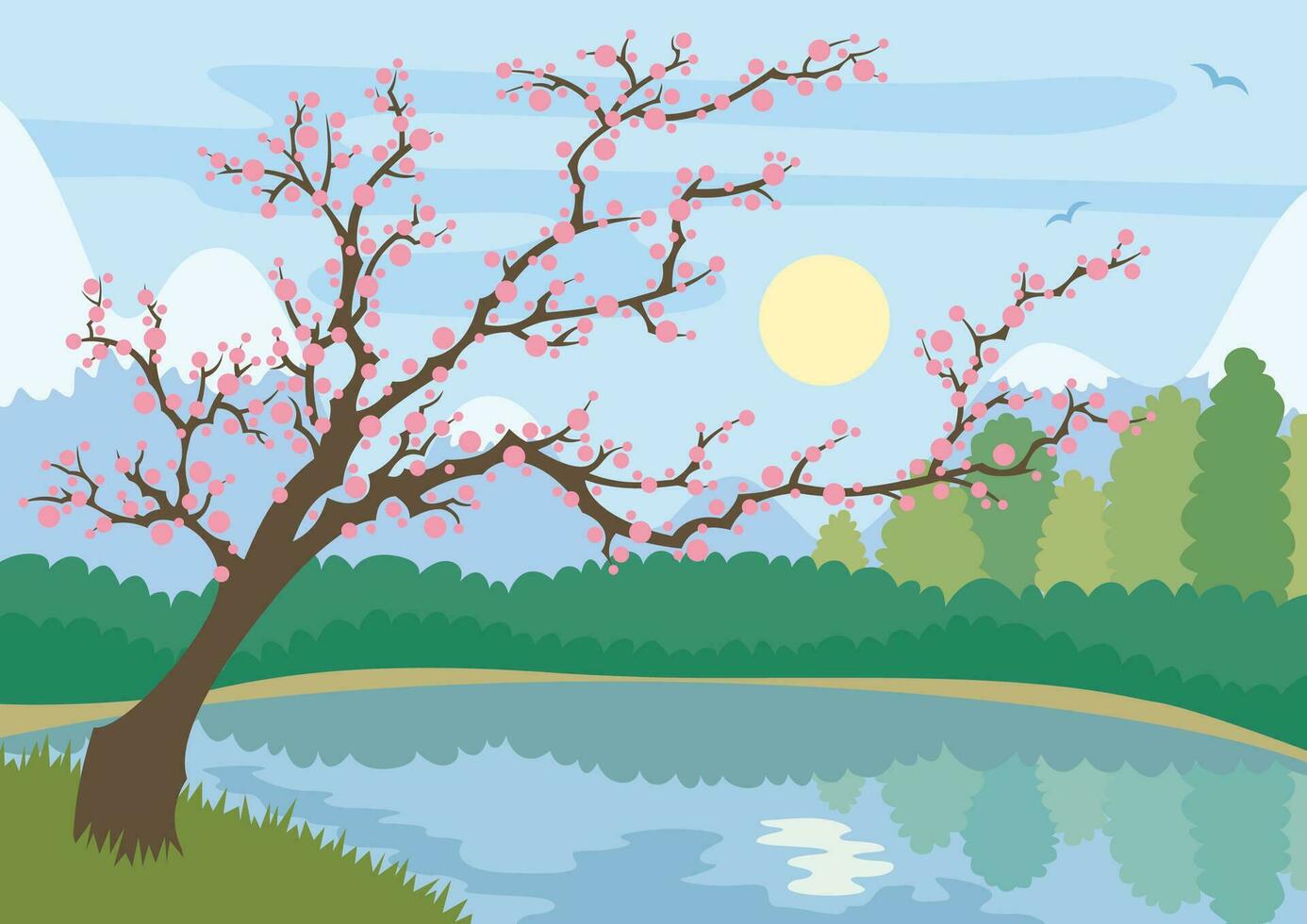 Sakura dessin animé paysage vecteur