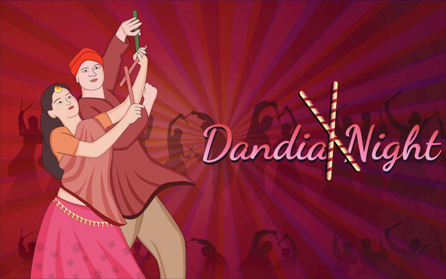 joyeux navratri - dandia, couple garba, illustration du personnage dandia, bannière de nuit dandia, bannière navratri, pas entièrement modifiable. vecteur