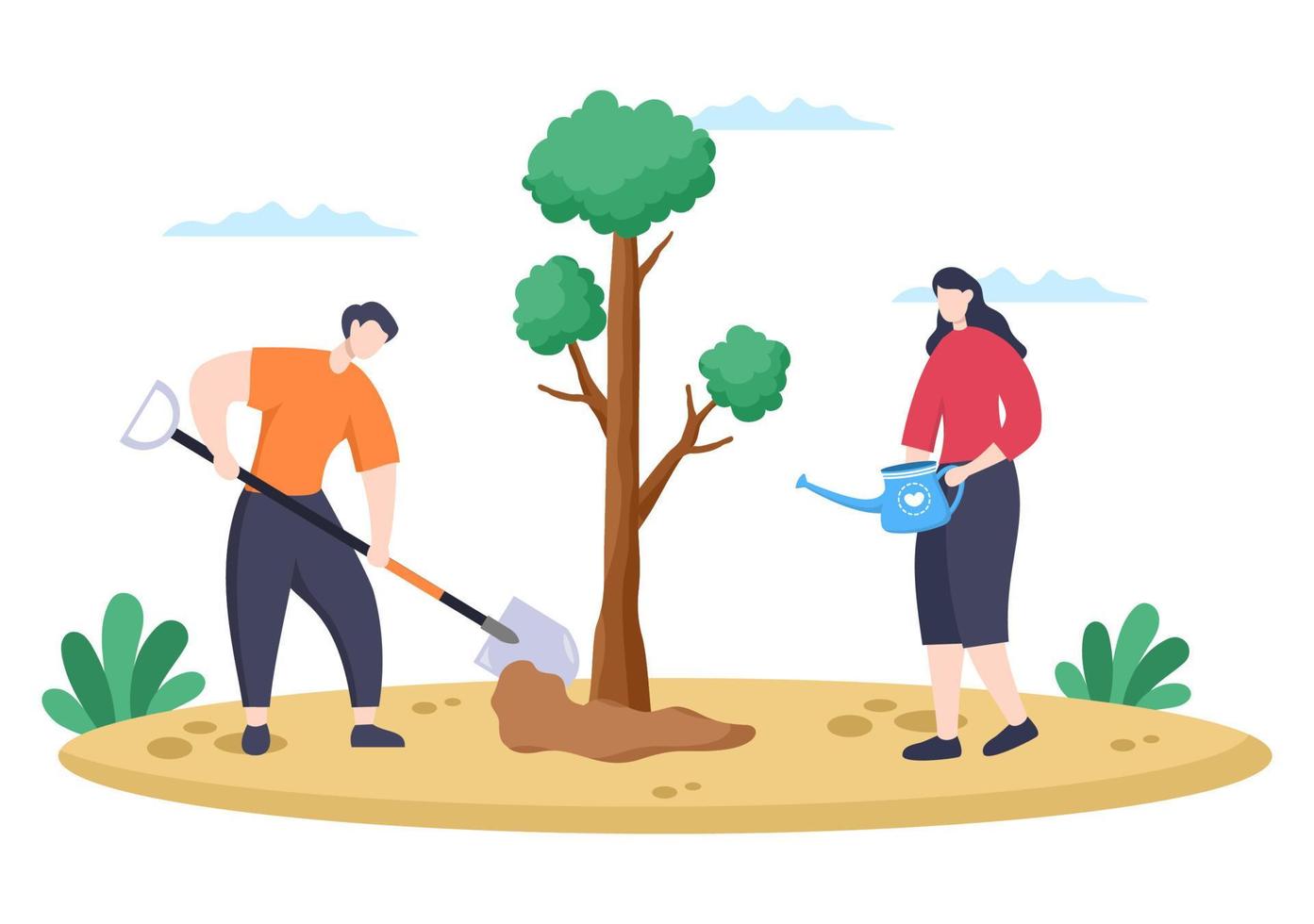 les gens plantant des arbres illustration vectorielle de dessin animé plat avec le jardinage, l'agriculture et l'agriculture utilisent des racines d'arbres ou une pelle pour prendre soin du concept d'environnement vecteur