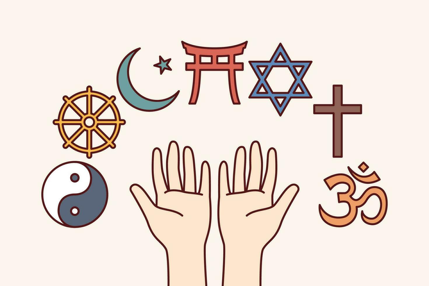 symboles de religions et aveux près mains de la personne choisir meilleur religion pour culte ou en train d'étudier le clergé. islamique et Christian religion icône près bouddhisme et judaïsme signe. vecteur