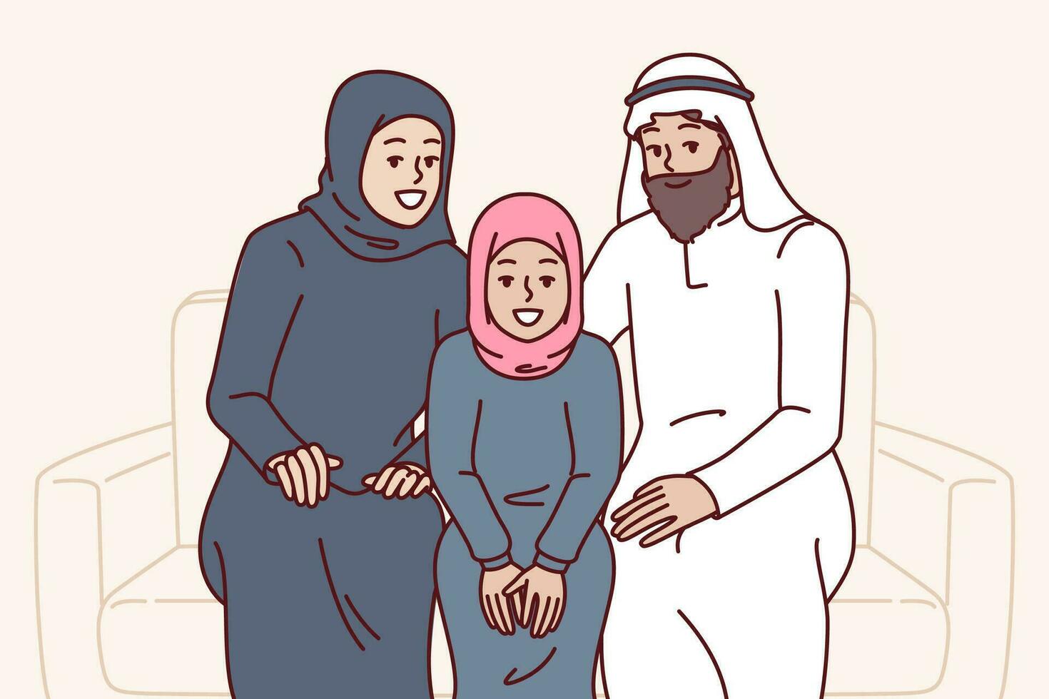 arabe famille est assis sur canapé ensemble avec fille, habillé dans islamique Vêtements hijab ou kandura. arabe gens souriant posant sur canapé et attrayant à visite saoudien Saoudite ou Qatar avec touristique voyage vecteur