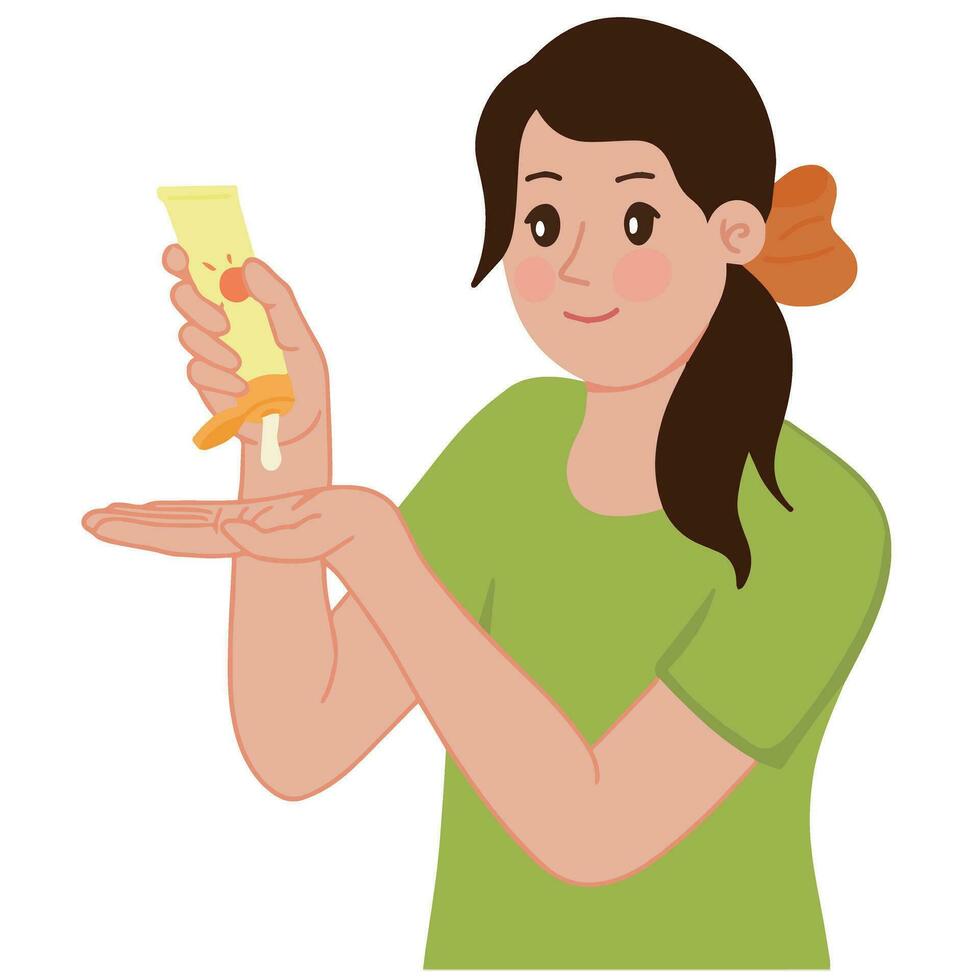 portrait de femme en utilisant soin de la peau en portant pressant lotion crème solaire tube vecteur illustration