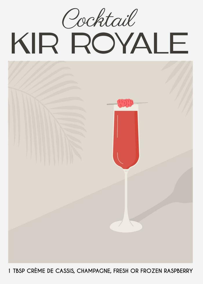 kir royale cocktail avec Champagne dans flûte verre garnir avec framboise. classique alcoolique boisson recette moderne imprimer. été français apéritif. contemporain affiche pour bar menu. vecteur illustration.