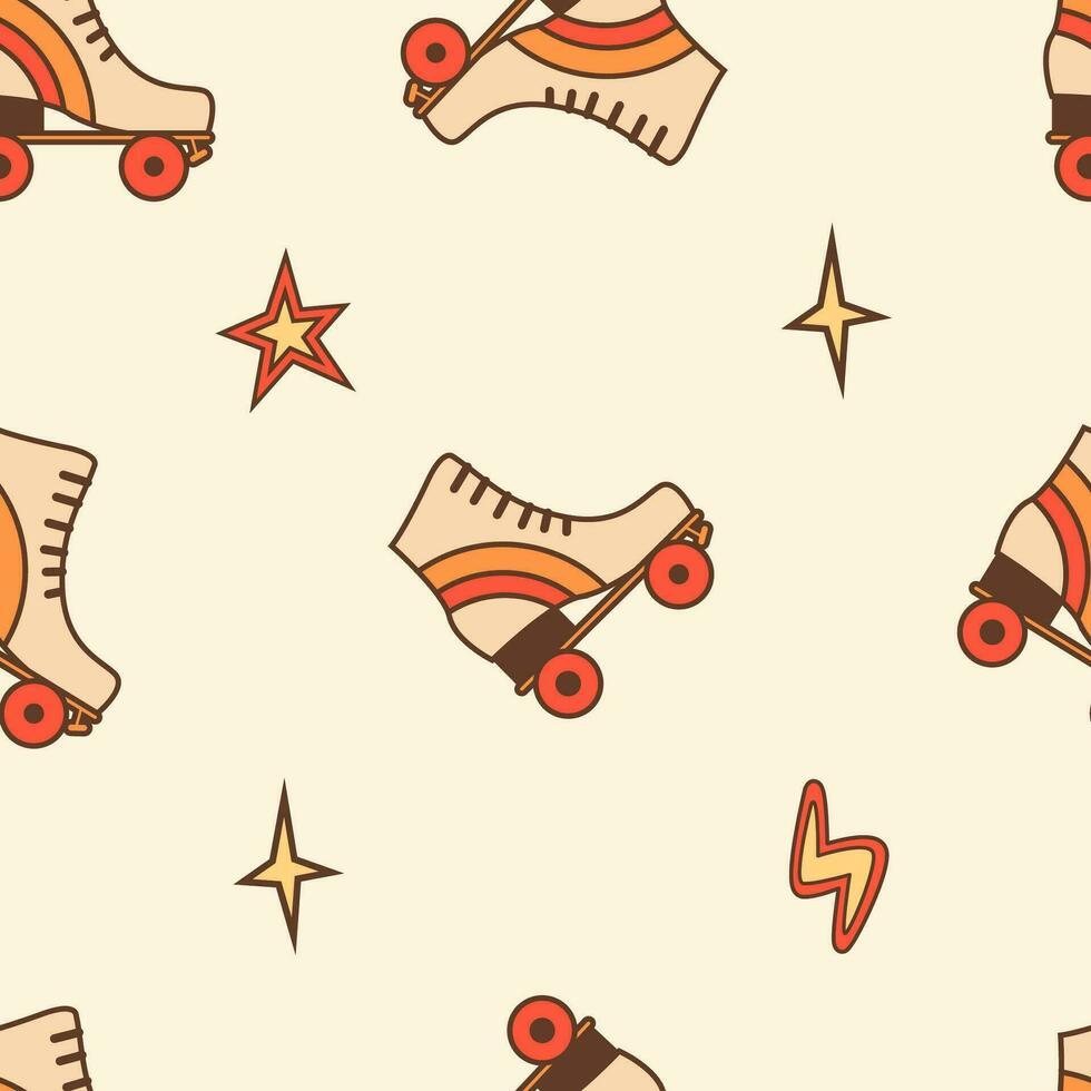 rétro rouleau patins avec étoiles dans bande dessinée style. ancien Contexte avec rollers. dessin animé sans couture modèle avec Années 70 Années 80 inspiré nostalgie en ligne patinage bottes. vecteur illustration.