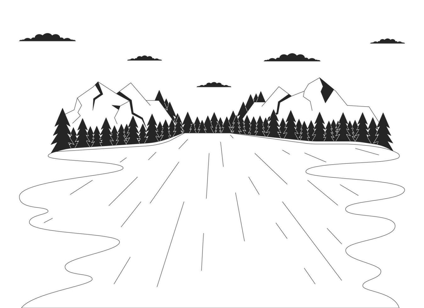 Lac forêt montagnes noir et blanc dessin animé plat illustration. pin des arbres rivière flanc de montagne 2d lineart paysage isolé. région sauvage l'eau paisible en plein air monochrome scène vecteur contour image