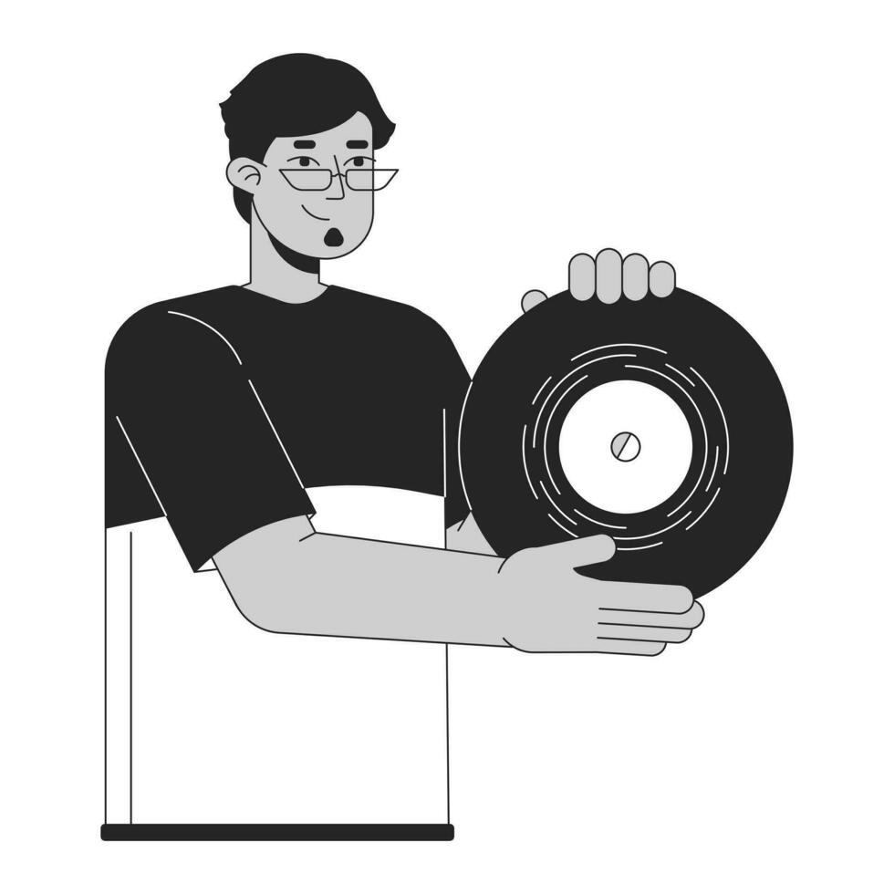 content arabe homme en présentant vinyle record noir et blanc 2d ligne dessin animé personnage. millénaire gars rétro la musique amoureux isolé vecteur contour personne. nostalgie l'audio monochromatique plat place illustration