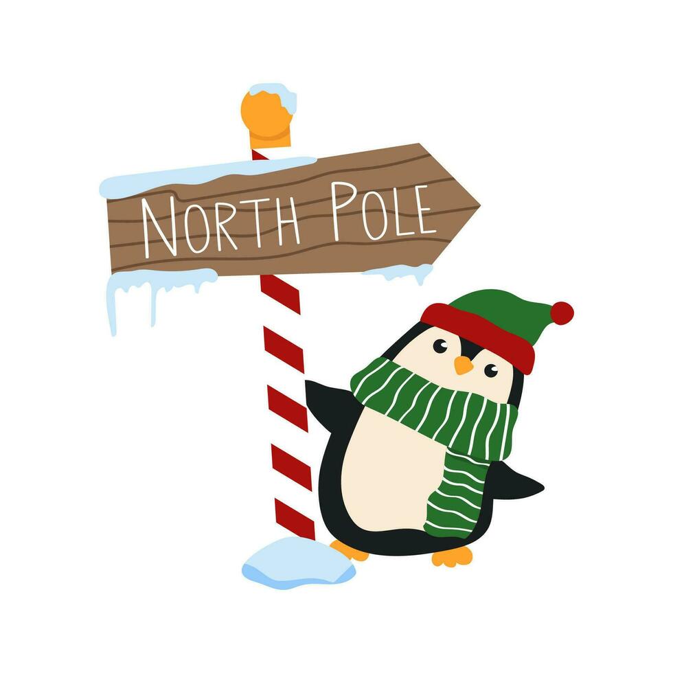 mignonne Noël manchot en portant Nord pôle signe. dessin animé animal portant une hiver chapeau et une rayé foulard. vecteur