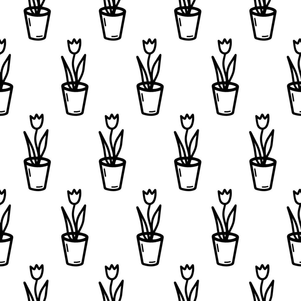 tulipe dans pot sans couture modèle. griffonnage tulipe dans pot contour modèle. dessin animé tulipe dans pot emballage, fond d'écran pour cadeau, restaurant, textile décoration. floral modèle contour adulte coloration page vecteur