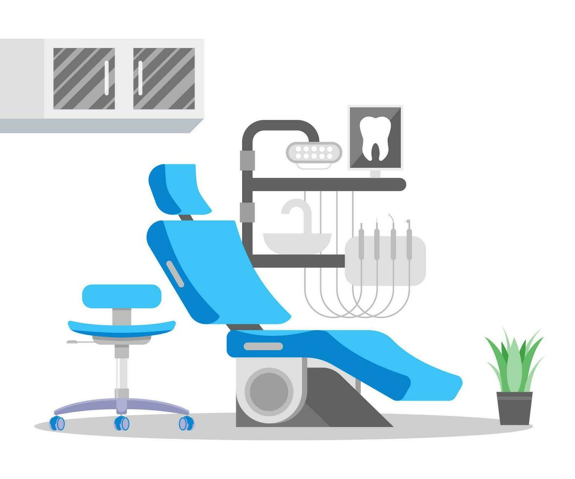 dentaire chaise unité avec Ajustable main pièces, couler, lampe et étagères. moderne dentisterie équipement. dentiste bureau. dentisterie ou stomatologie clinique intérieur. plat vecteur illustration