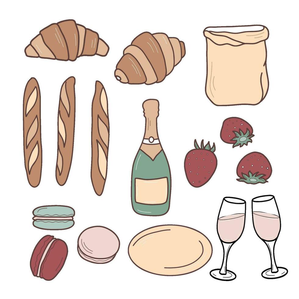 français nourriture ensemble. Champagne bouteille, lunettes, des fraises et macarons. des croissants et baguettes. vecteur coloré plat illustration dans dessin animé style.