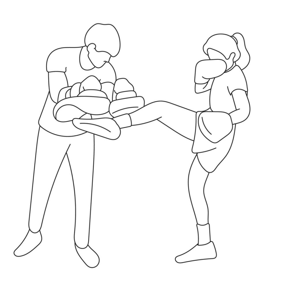 femme boxe formation exercice avec Masculin entraîneur illustration vecteur main tiré isolé sur blanc Contexte