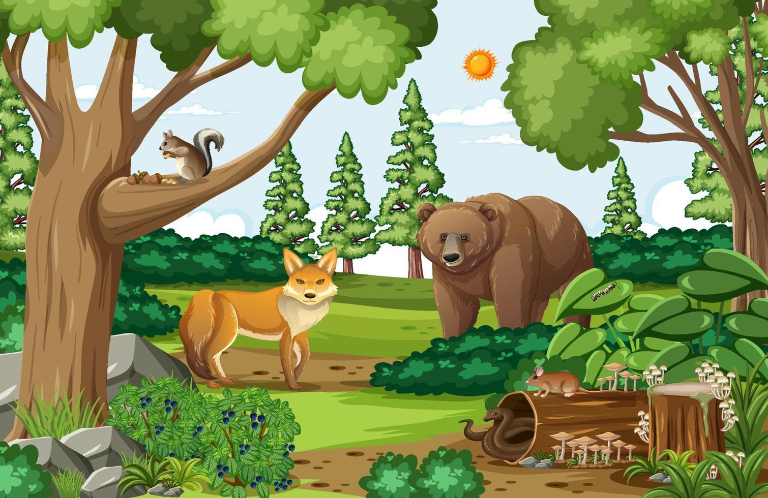 scène avec grizzly et renard dans la forêt pendant la journée vecteur