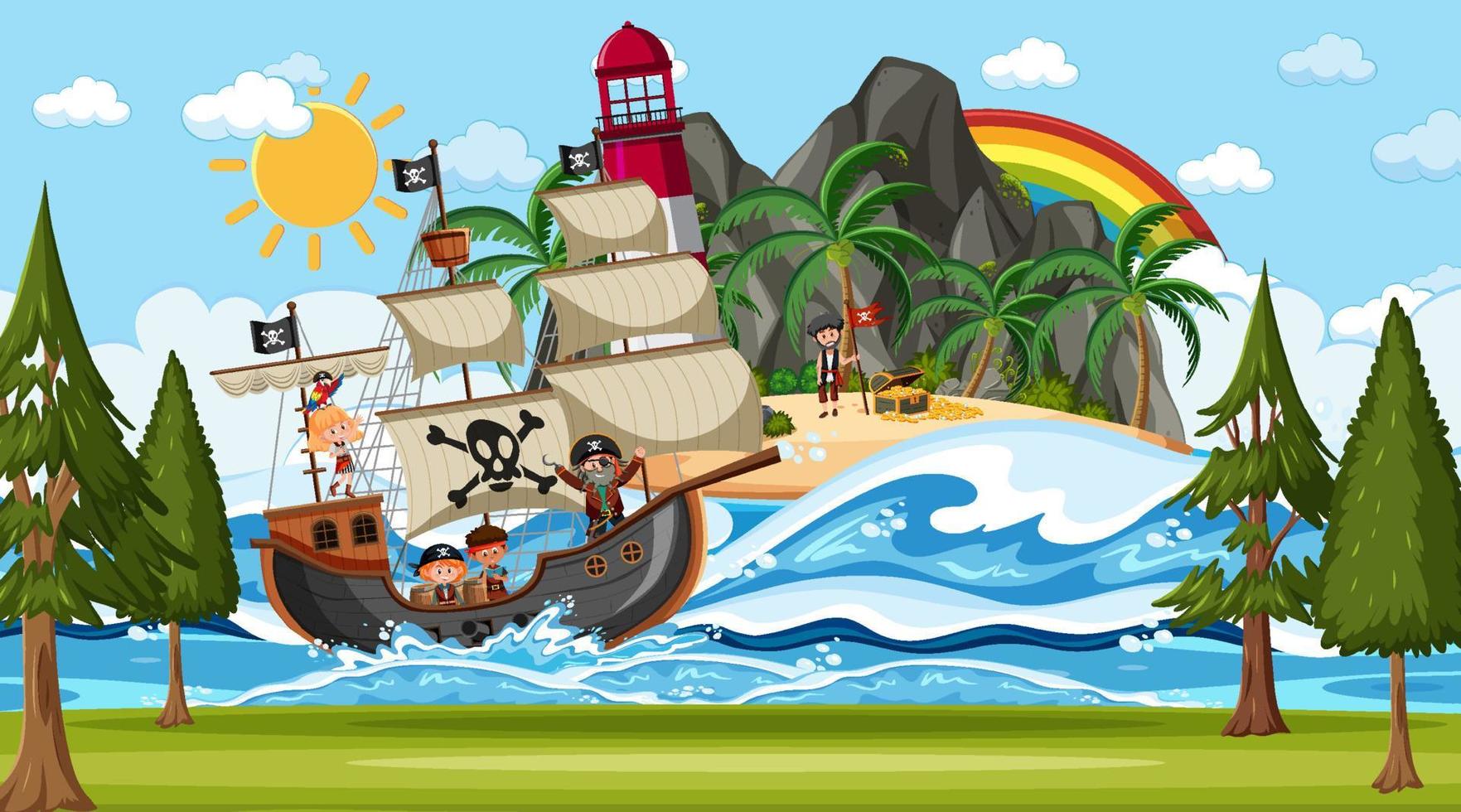 plage avec bateau pirate à la scène de jour en style cartoon vecteur