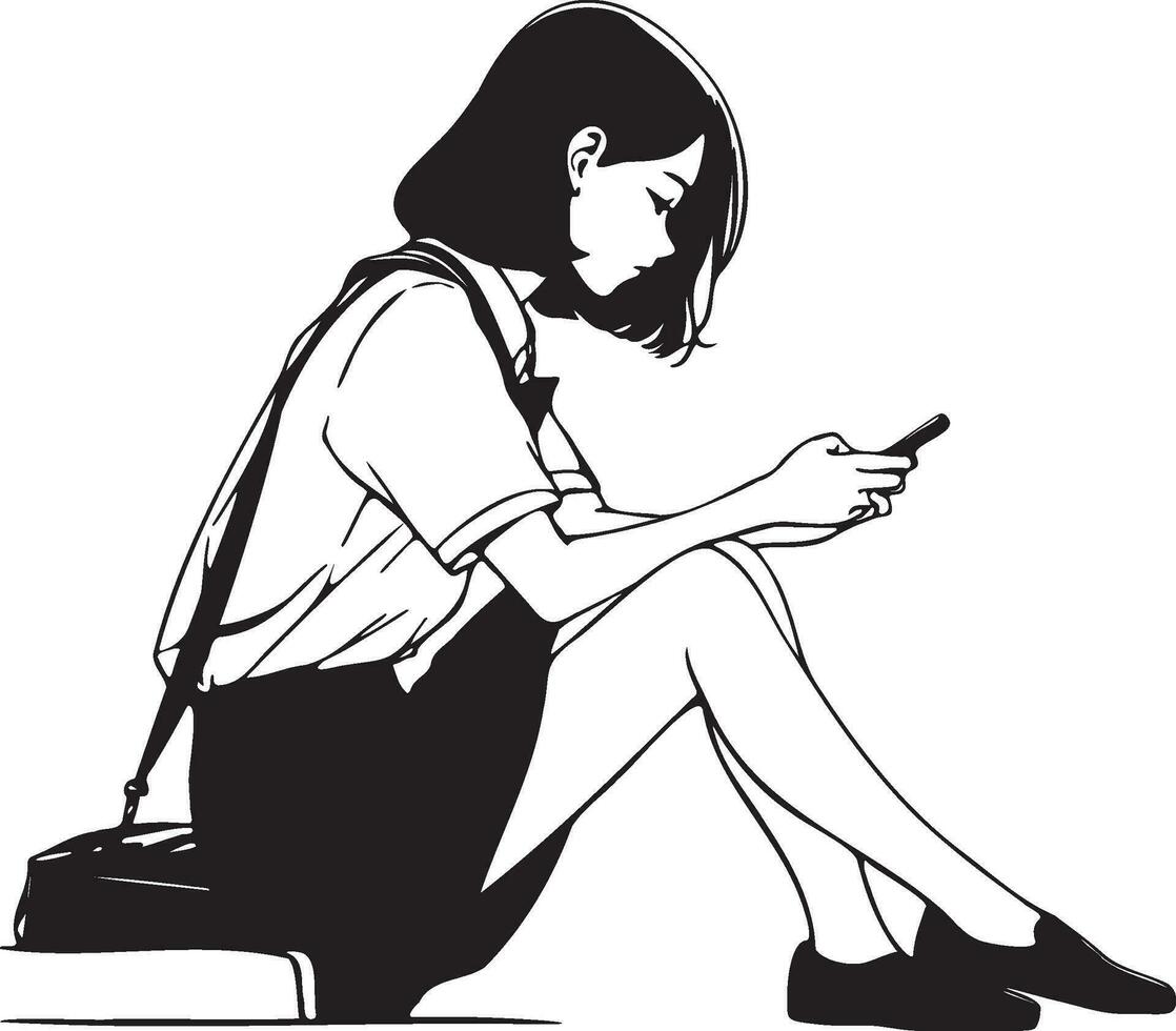 haute école femelle étudiant utilisation téléphone portable esquisser dessin. vecteur
