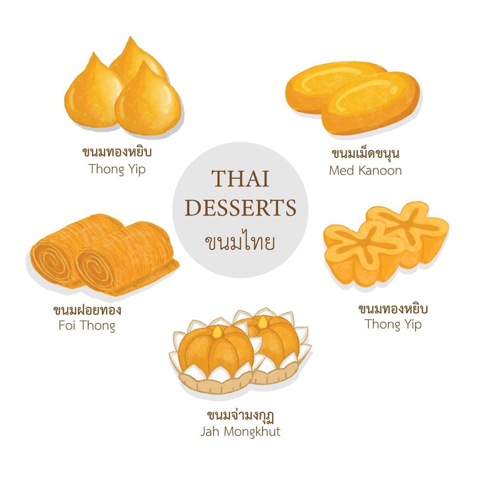ensemble de desserts thaïlandais-kanom illustrations vectorielles thaïlandaises. vecteur