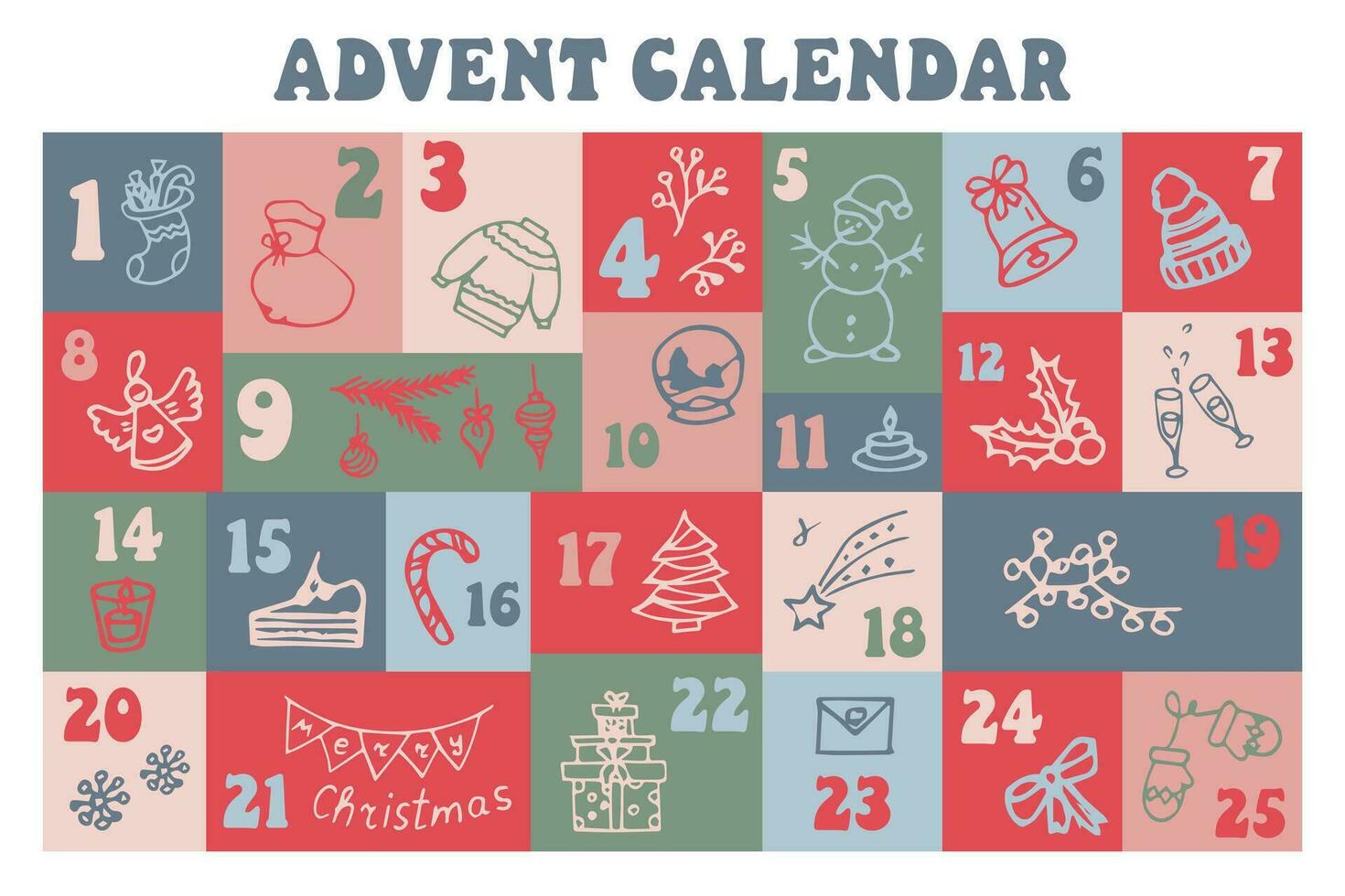 Noël avènement calendrier. mignonne hiver illustration pour carte, affiche, décor. groupe de saisonnier objets dans griffonnage style. vecteur imprimable ensemble.