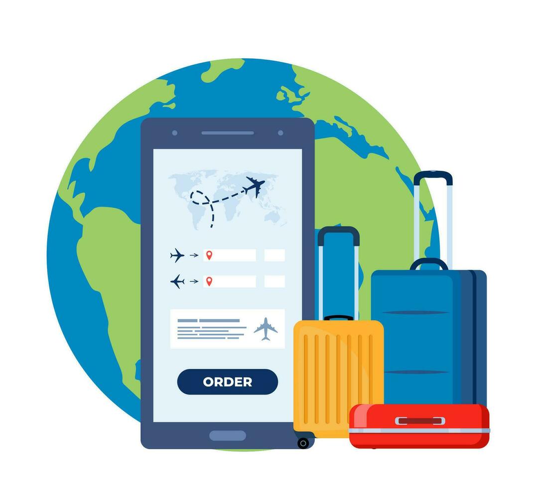 mobile app pour achat billet avec téléphone intelligent. réservation vols Voyage. planète Terre, air des billets et bagages. voyage, voyage, affaires voyage. vecteur illustration.