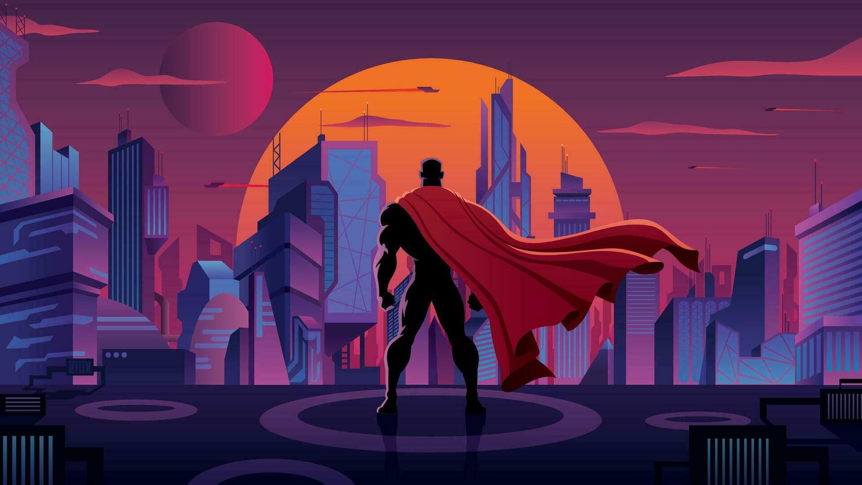super-héros dans futuriste ville vecteur
