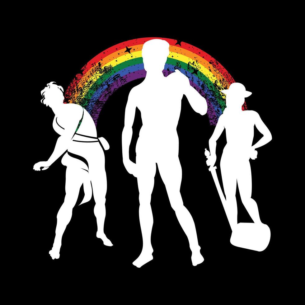 T-shirt conception de Trois silhouettes de Hommes uni par une arc-en-ciel. bien illustration pour gay fierté, Trois sculptures de David, fabriqué par Michel-Ange, Bernini et raphaël. vecteur