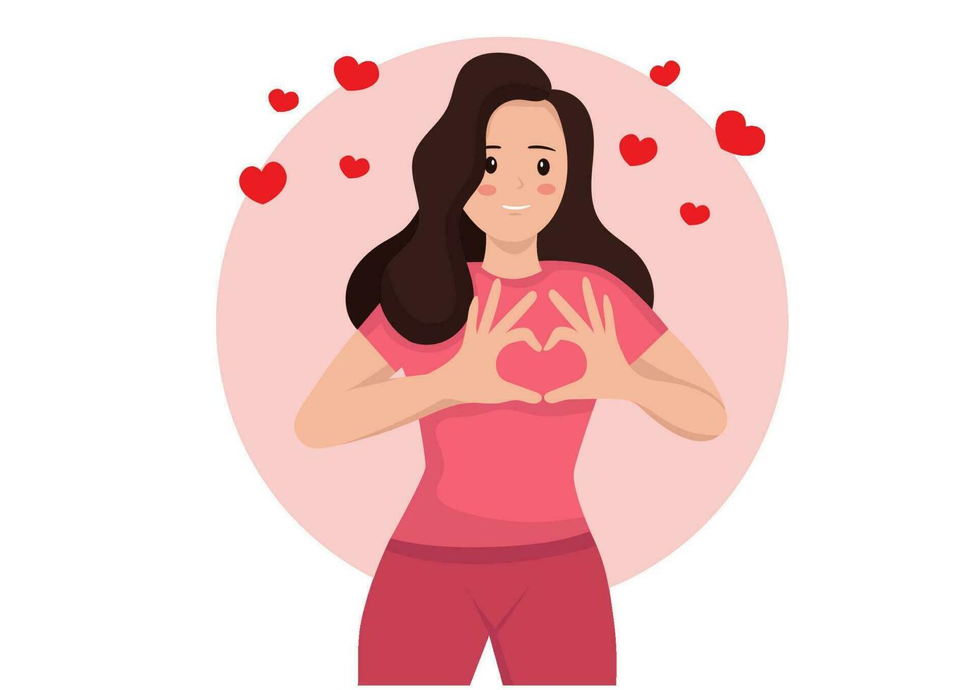 Jeune femme dans une bien humeur, de bonne humeur expression montrant une cœur symbole avec sa main. vecteur illustration