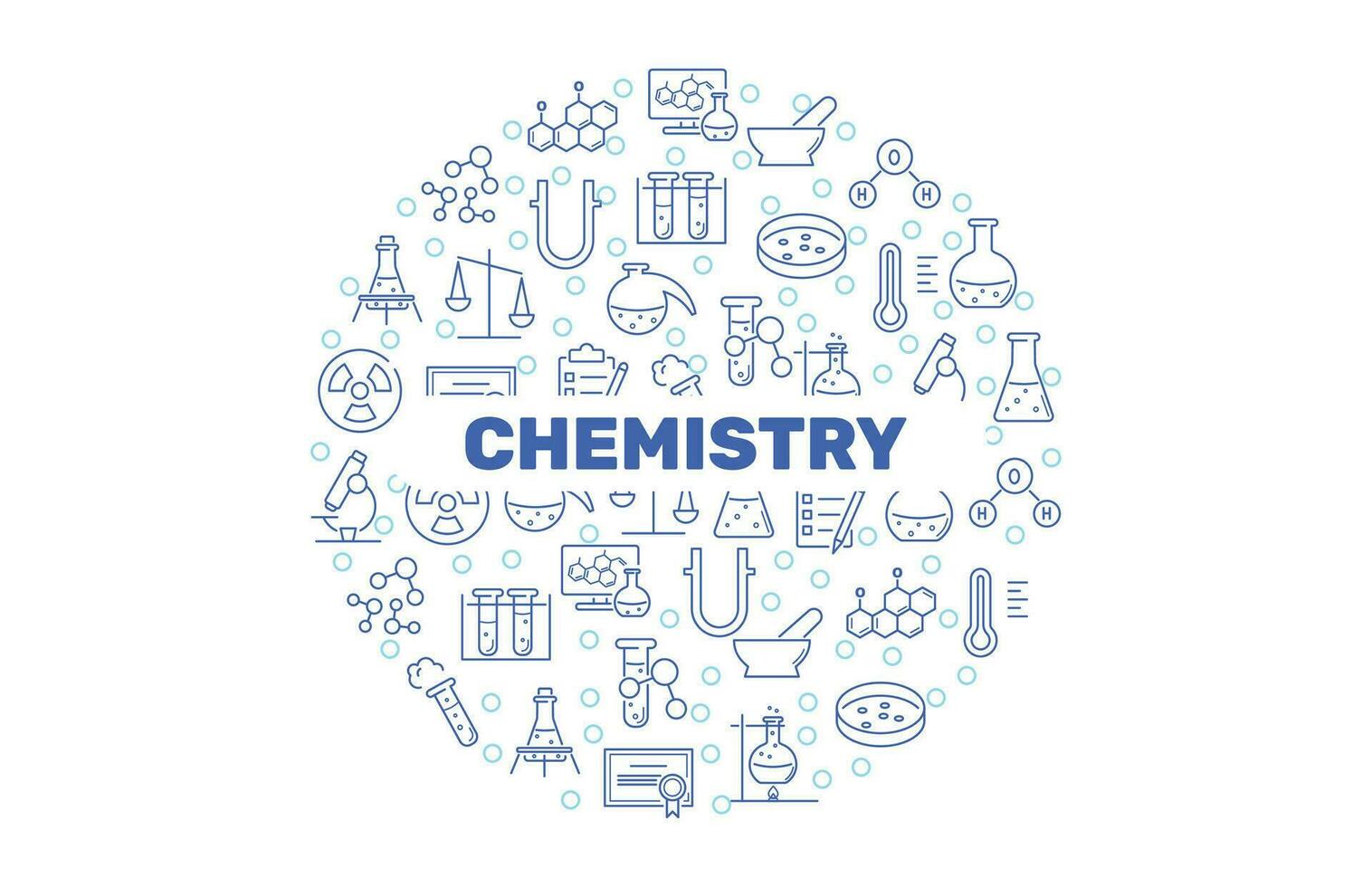 chimie cercle bannière, science Contexte. laboratoire équipement affiche. scientifique recherche. ligne Icônes de tester tubes et flacons. vecteur illustration