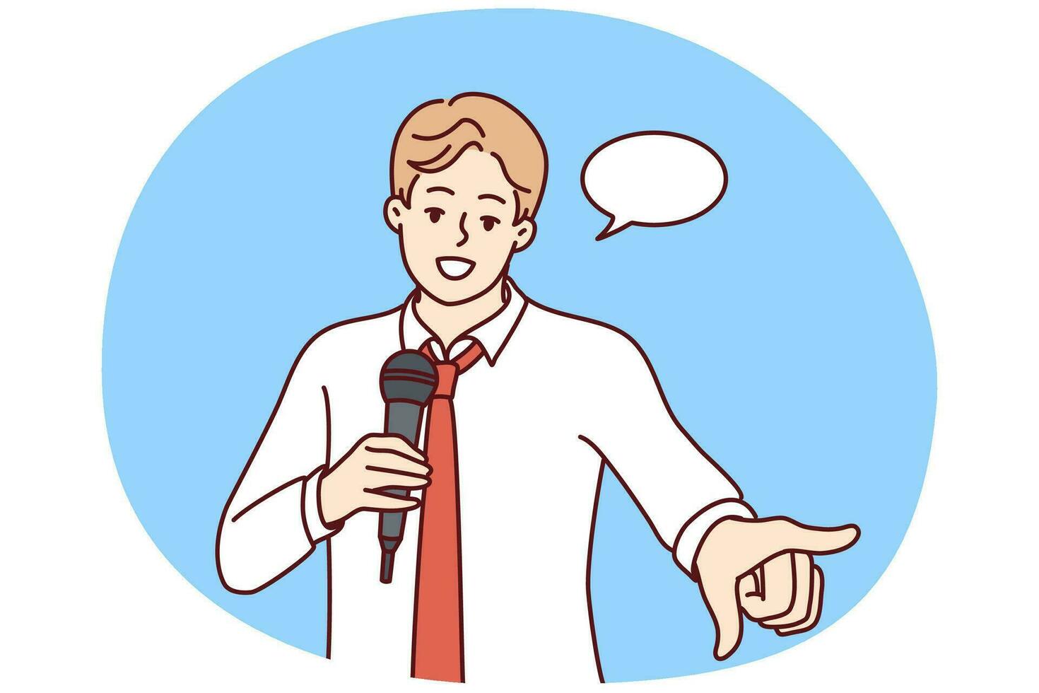 jeune homme confiant avec microphone fait un discours devant le public. orateur masculin souriant ou entraîneur avec micro parler ou faire une présentation. illustration vectorielle. vecteur