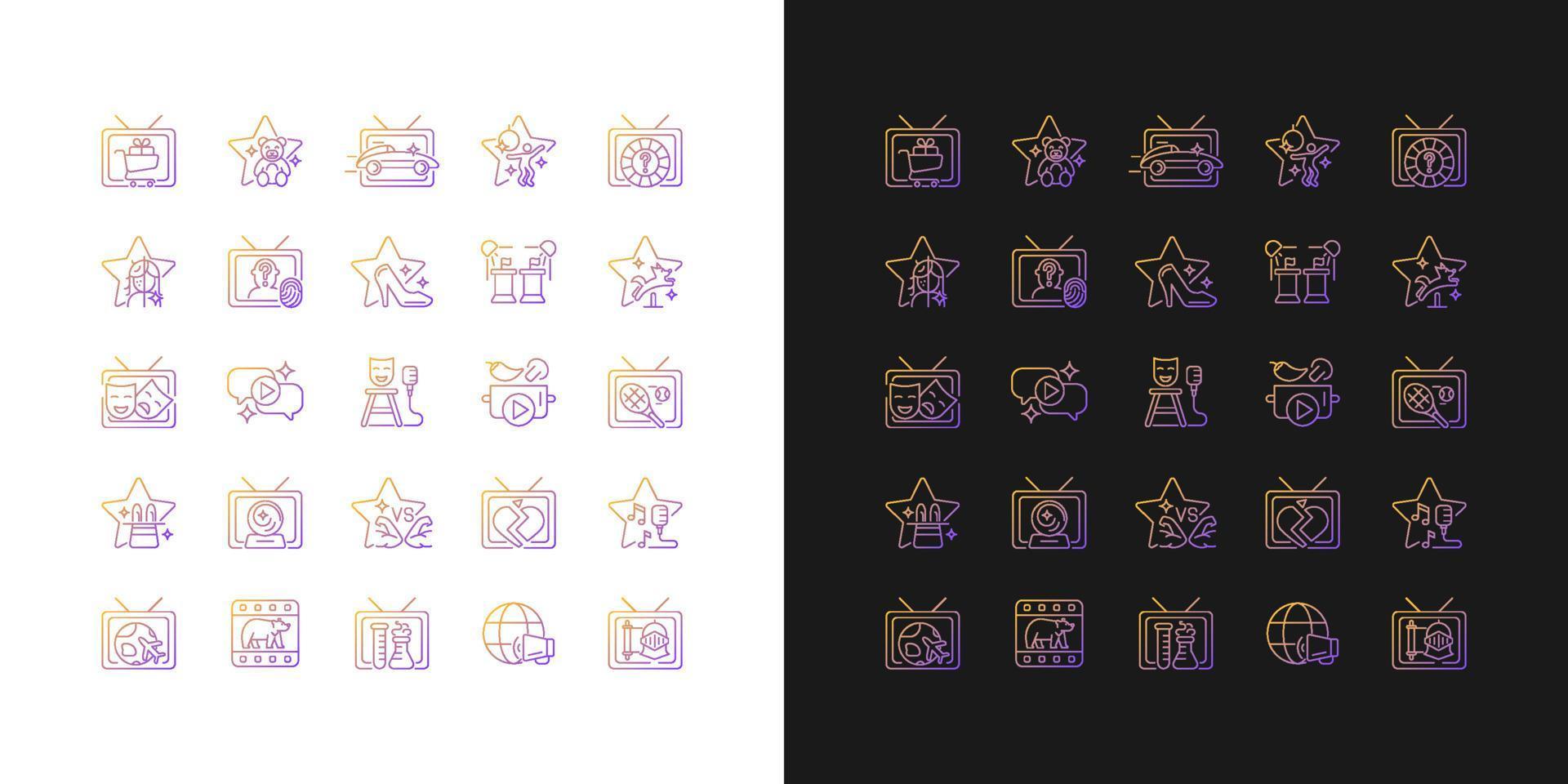 icônes de dégradé d'émission de télévision définies pour les modes sombre et clair vecteur