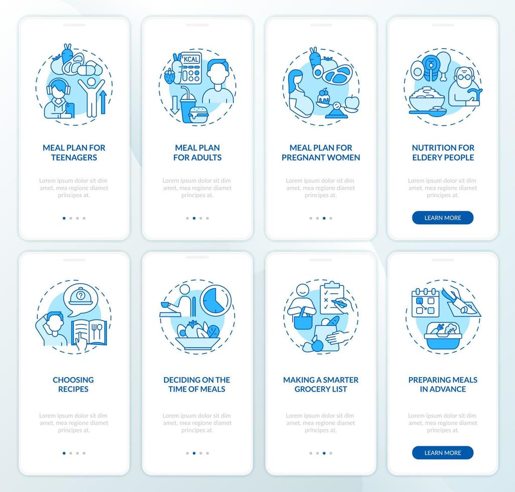 plan de repas et ensemble d'écrans de page d'application mobile d'intégration bleue liés au régime vecteur