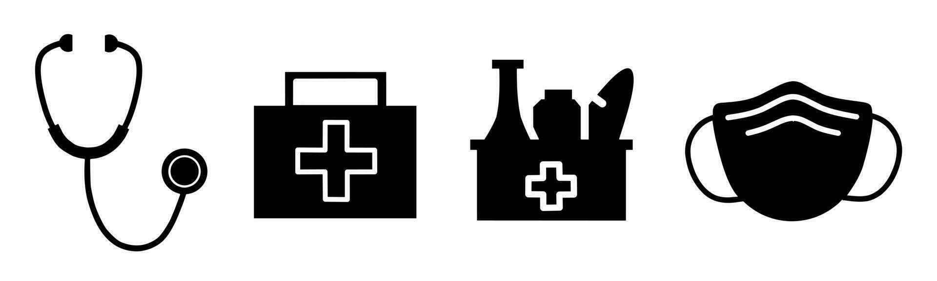 médical équipement icône collection. un illustration de une noir médical équipement icône. Stock vecteur. vecteur